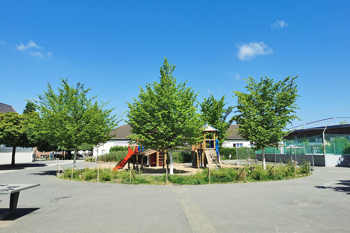 Vor dem Türmchenbau liegt nun der große Schulhof, in dessen Mitte sich eine große Kletterlandschaft aus Holz befindet. Als guter Nachbar wurde vor einigen Jahren der allseits beliebte Soccercourt installiert.